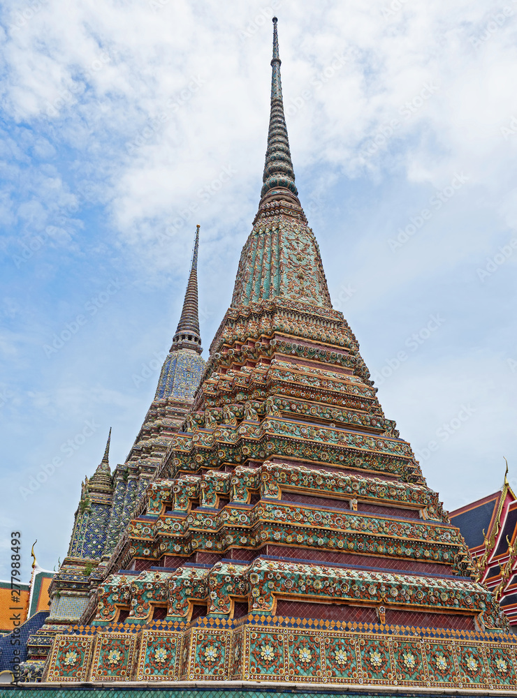 Close up Colorful Antique Pagoda at Wat Pho Temple in Bangkok Thailand