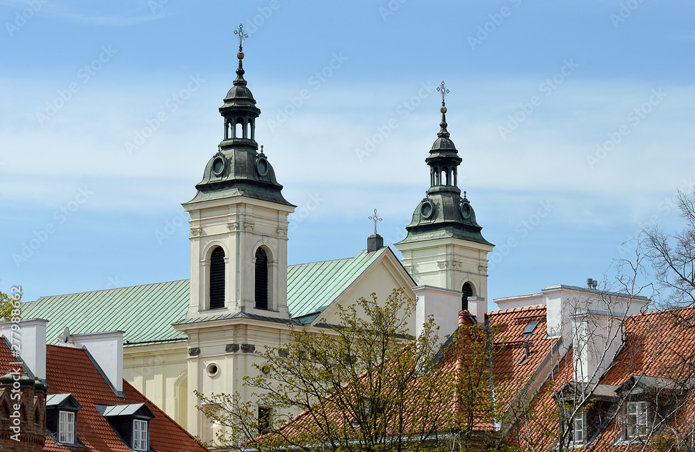 The Church of the Holy Spirit, Warsaw, Poland across the rooftops of the old town