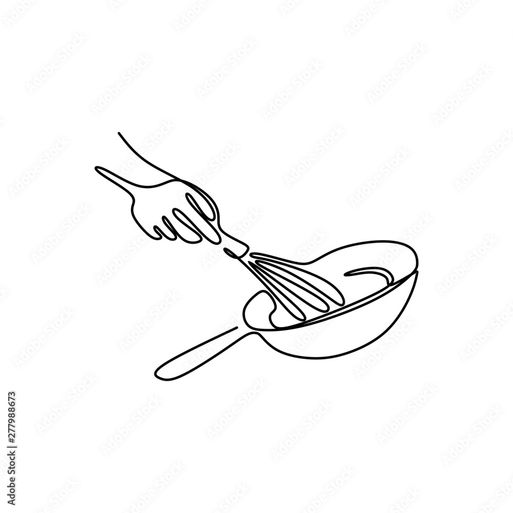 Continuous line drawings show the hand is cooking vector illustrations ...