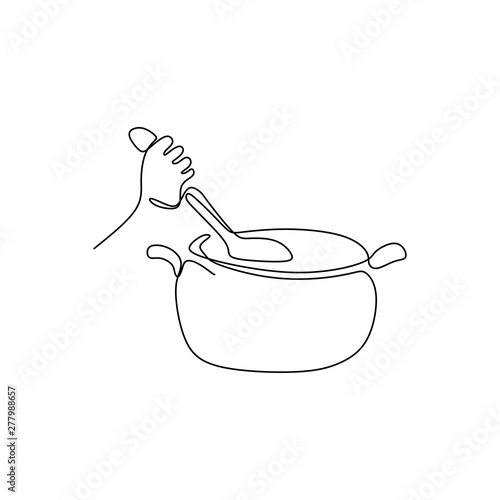 Continuous line drawings show the hand is cooking vector illustrations