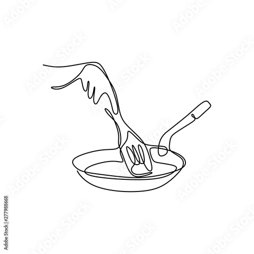 Continuous line drawings show the hand is cooking vector illustrations