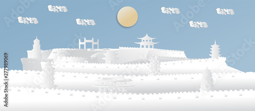 China with the world-famous China Landmark wall, panoramic images for tourism posters, in paper cut style - Vector