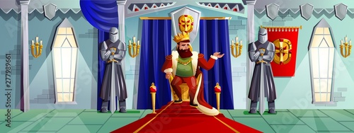Castle room vector cartoon illustration. Ballroom interior in medieval palace with king in golden crown on royal throne, armed knights in metal armor, tapestries on stone walls, game background