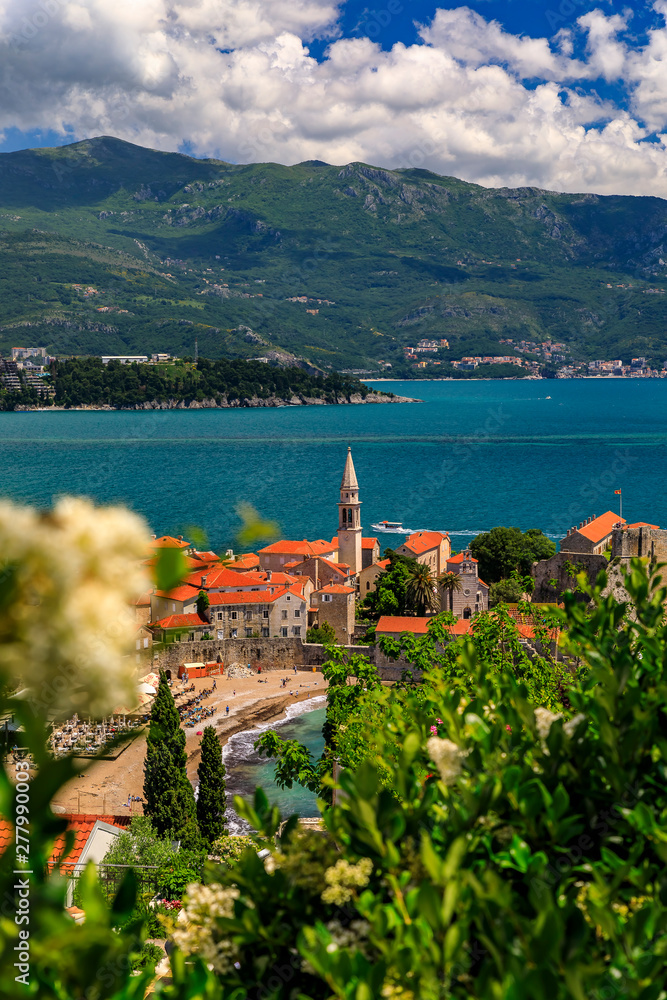 Aerial view of Budva Old Town with the Citadel and the Adriatic Sea in Montenegro