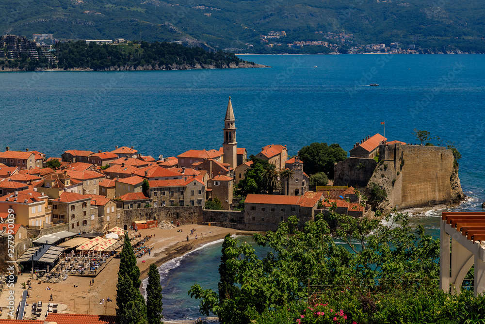 Aerial view of Budva Old Town with the Citadel and the Adriatic Sea in Montenegro