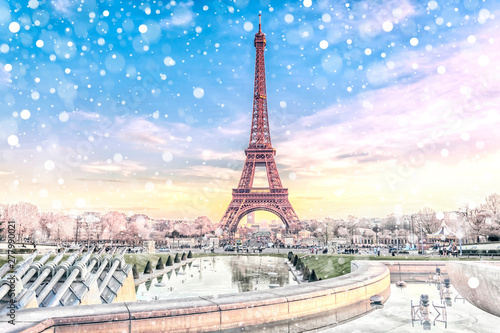 View of the Eiffel Tower in Paris at Christmas time, France. Romantic travel background © MarinadeArt