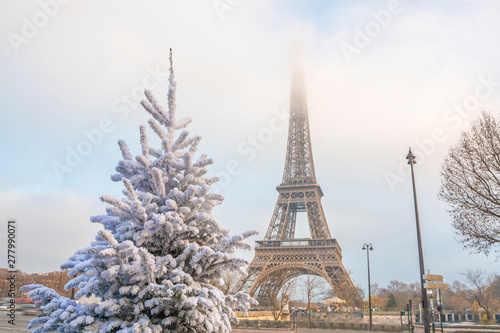 Fototapeta Naklejka Na Ścianę i Meble -  Eiffel Tower is the main attraction of Paris on the background of  frosty Christmas trees covered by snow in winter. Travel Greeting Card from Paris with love, France