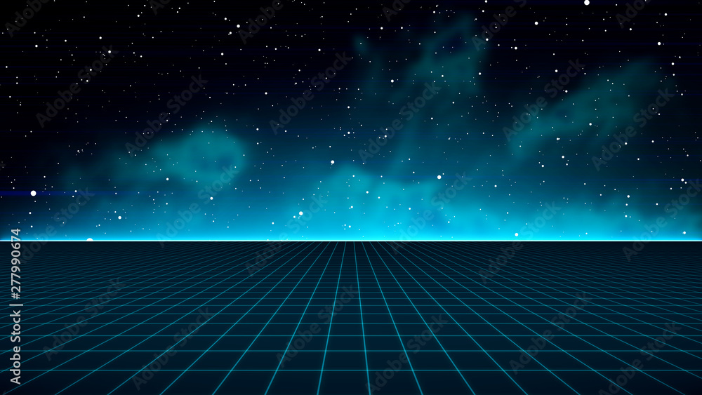 Retro Sci-Fi Background Futuristic landscape of the 80`s. Digital Cyber Surface. Suitable for design in the style of the 1980`s