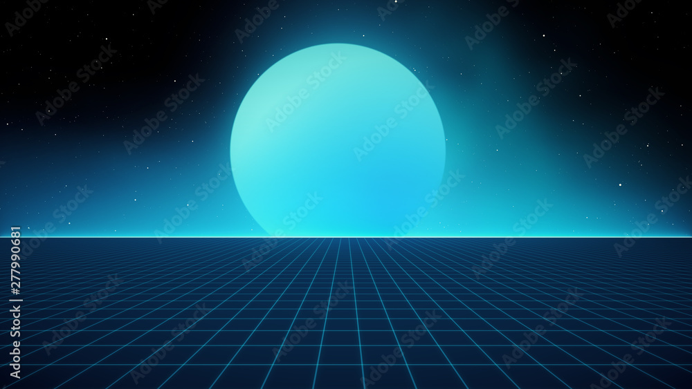 Retro Sci-Fi Background Futuristic landscape of the 80`s. Digital Cyber Surface. Suitable for design in the style of the 1980`s