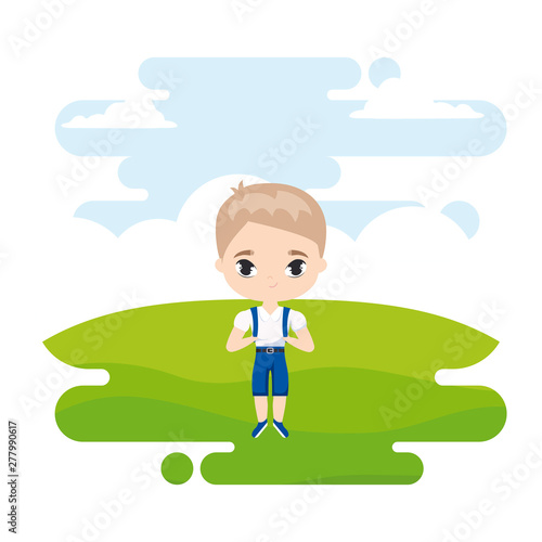 cute little student boy in landscape scene