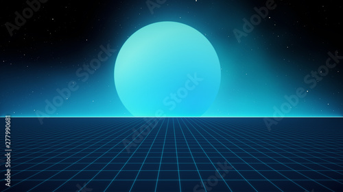 Obraz na płótnie Retro Sci-Fi Background Futuristic landscape of the 80`s. Digital Cyber Surface. Suitable for design in the style of the 1980`s w salonie