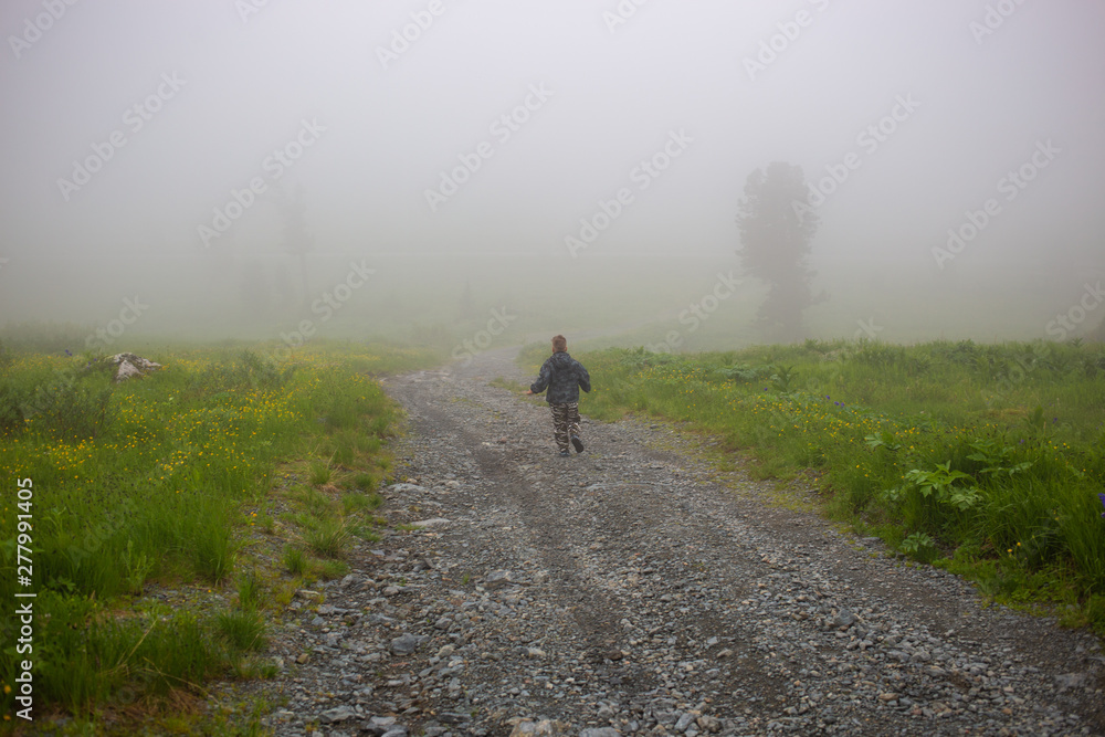 Obraz premium Boy on road in fog