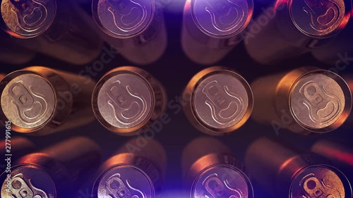 4K  aluminum cola soda cans loop background. beer cans. energy drink.  recycling close up  
