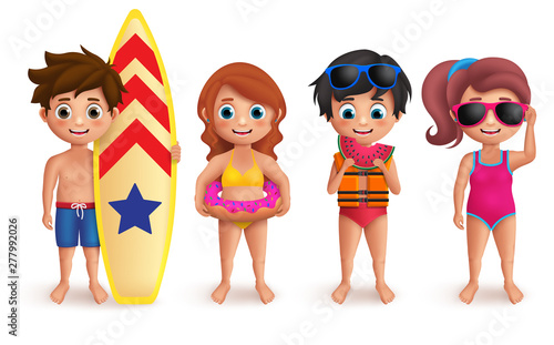 Summer kids vector characters set with boys and girls playing outdoor and holding beach elements like surfboard, lifebuoy, watermelon and sunglasses isolated in white. Vector illustration.