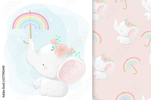 Cute hand drawn elephant in the rain with seamless pattern set