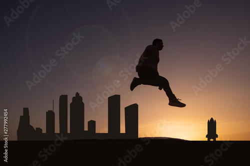 Traveler in front of Houston city skyline