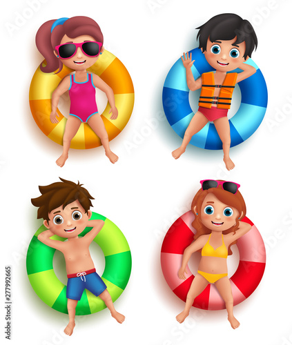 Boys and girls kids vector characters floating with colorful lifebuoy with happy and relax poses wearing beach and swimming attires isolated in white. Vector illustration.