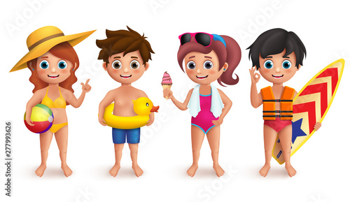 Summer kids vector characters set with boys and girls wearing swimming bikini holding beach ball, lifebuoy, icecream and surfboard isolated in white. Vector illustration.