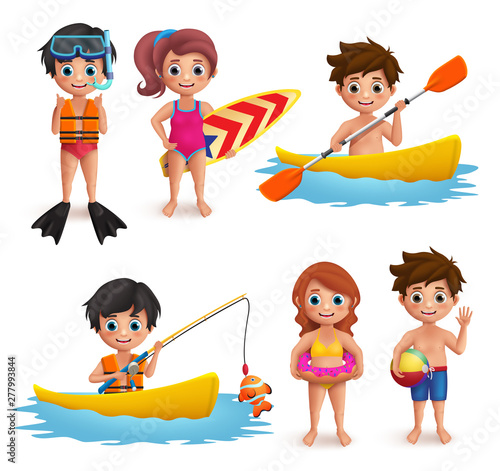 Summer kids vector characters set. Young boys and girls wearing swimming attire doing beach activities like snorkeling, surfing, boating and fishing isolated in white. Vector illustration.