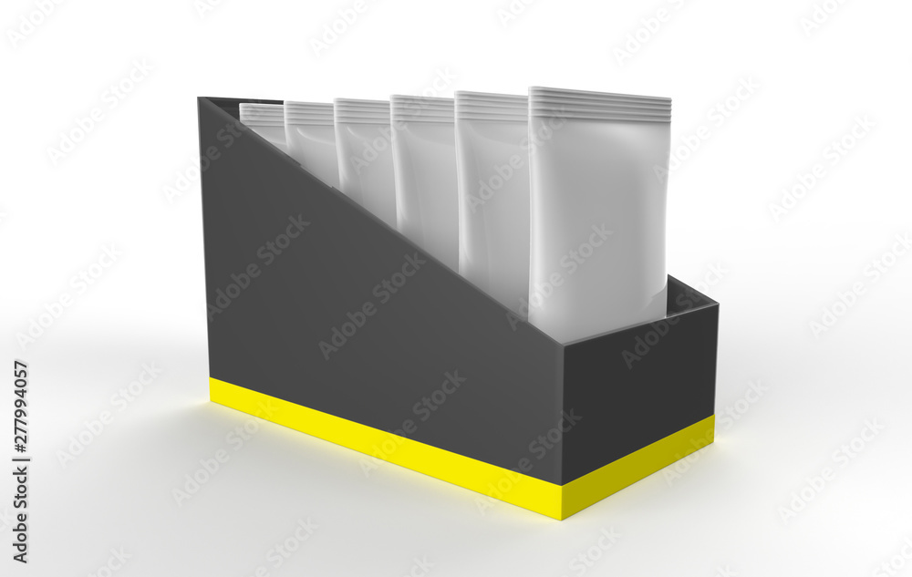 Box with Metallic Sachets Mockup on white background. 3d illustration Box with Metallic Sachets Mockup on white background. 3d illustration