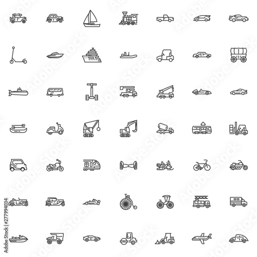 Transportation and transport line icons set. linear style symbols collection, outline signs pack. vector graphics. Set includes icons as Retro classic car, Sailing boat, Locomotive, Train, Scooter