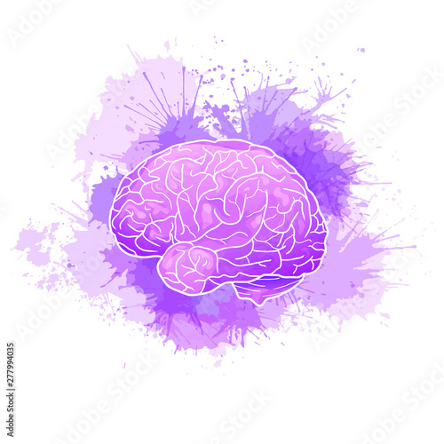 International Alzheimers Day. Human brain with purple watercolor stains. Disease and extinction. Vector cartoon illustration for medical articles, banners, cards and your design.
