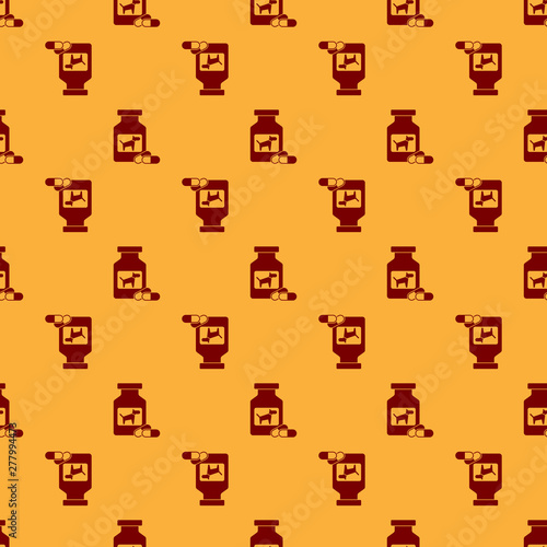 Red Dog medicine bottle and pills icon isolated seamless pattern on brown background. Container with pills. Prescription medicine for animal. Vector Illustration