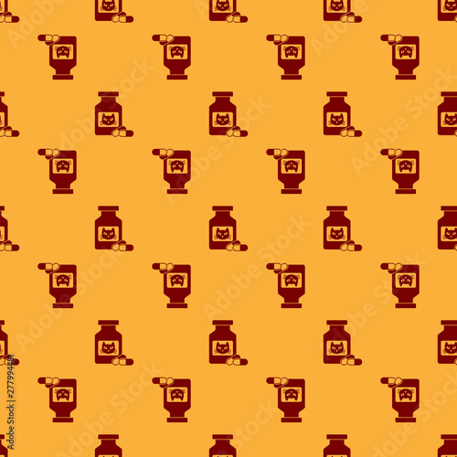 Red Cat medicine bottle and pills icon isolated seamless pattern on brown background. Container with pills. Prescription medicine for animal. Vector Illustration