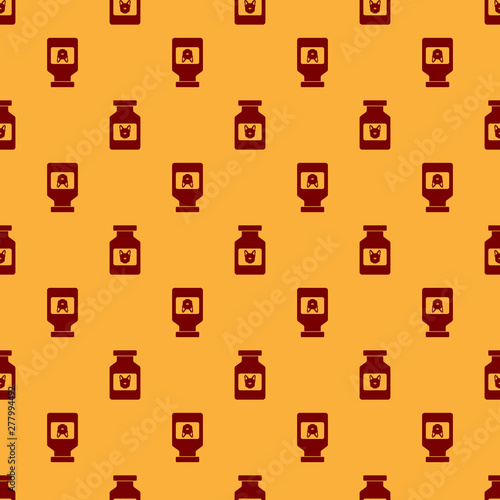 Red Dog medicine bottle icon isolated seamless pattern on brown background. Container with pills. Prescription medicine for animal. Vector Illustration