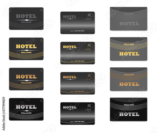Set of black hotel RFID key cards and keycard sleeve holders isolated on white background, vector template with sample design