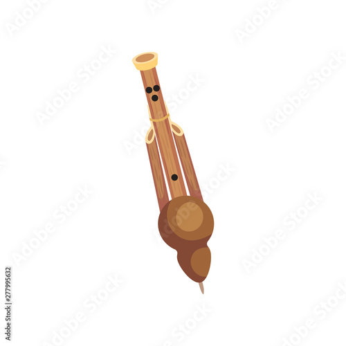 Traditional wind instrument of three wooden tubes. Vector illustration on white background.