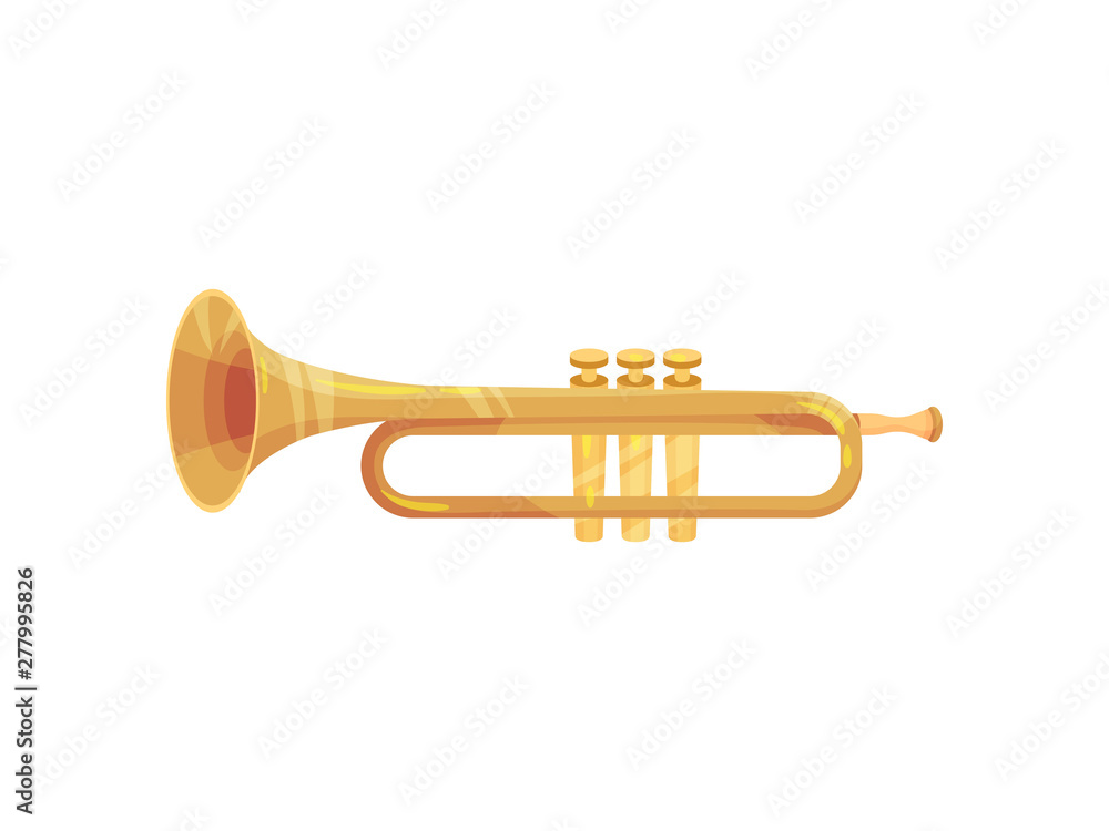 Brass trompett with three keys. Wind instrument. Vector illustration on white background. Brass trompett with three keys. Wind instrument. Vector illustration on white background.