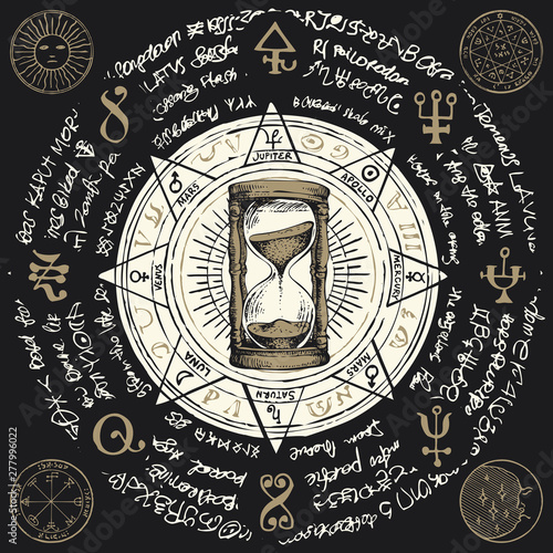 Vector illustration with hourglass with running sand inside in retro style. Hand drawn sand clock with ancient hieroglyphs, runes, spiritual symbols. Glass timer. Time and caducity of life concept