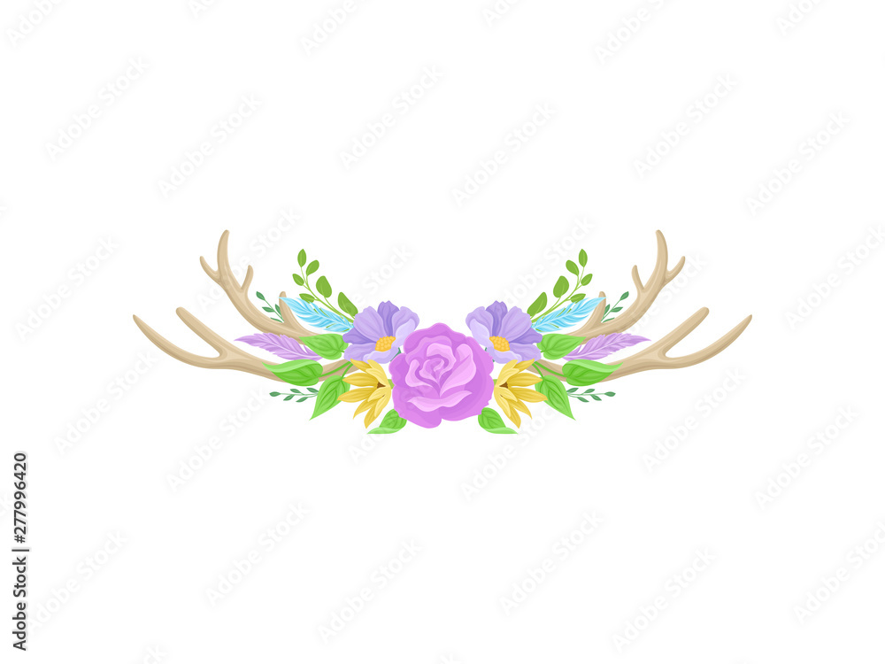 Compositions of yellow flowers, brown horns, blue feathers and leaves. Vector illustration on white background.