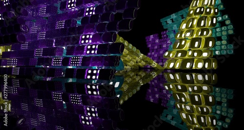 Abstract dynamic interior with colored smooth objects with neon lighting. 3D illustration and rendering