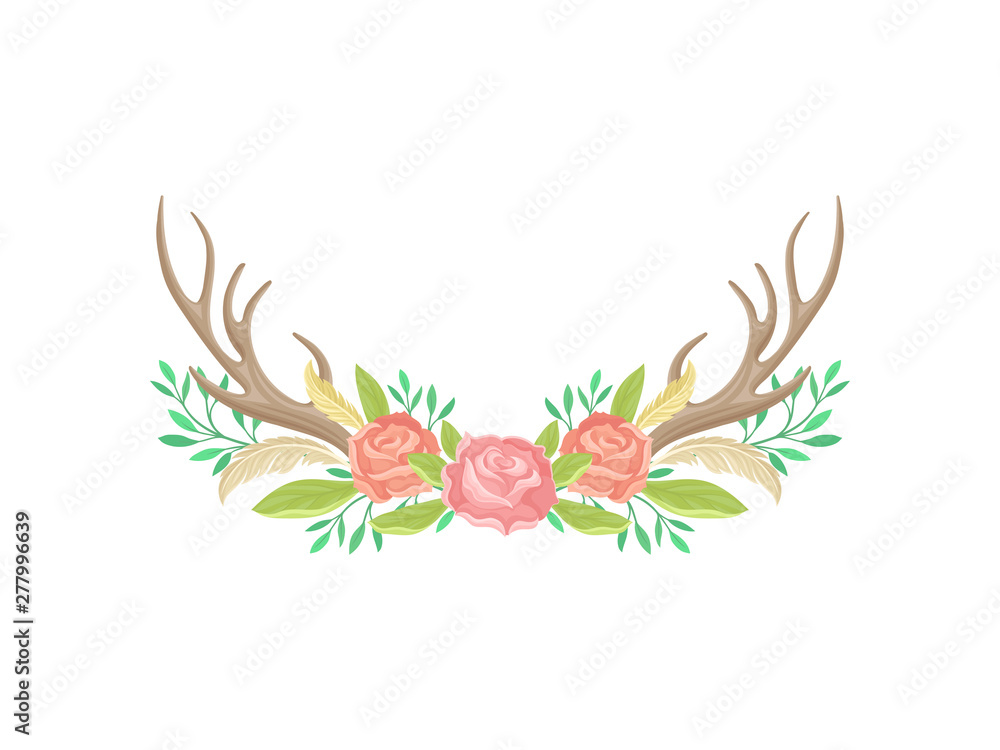 Obraz premium Compositions of roses, horns, feathers and green leaves. Vector illustration on white background.