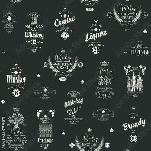 Vector seamless pattern with collage of labels for various alcoholic beverages in retro style with inscriptions of whiskey, liquor, cognac, wine, brandy, craft wine on the black background