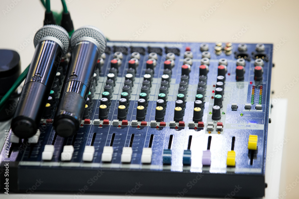 microphone on sound mixer out of focus background