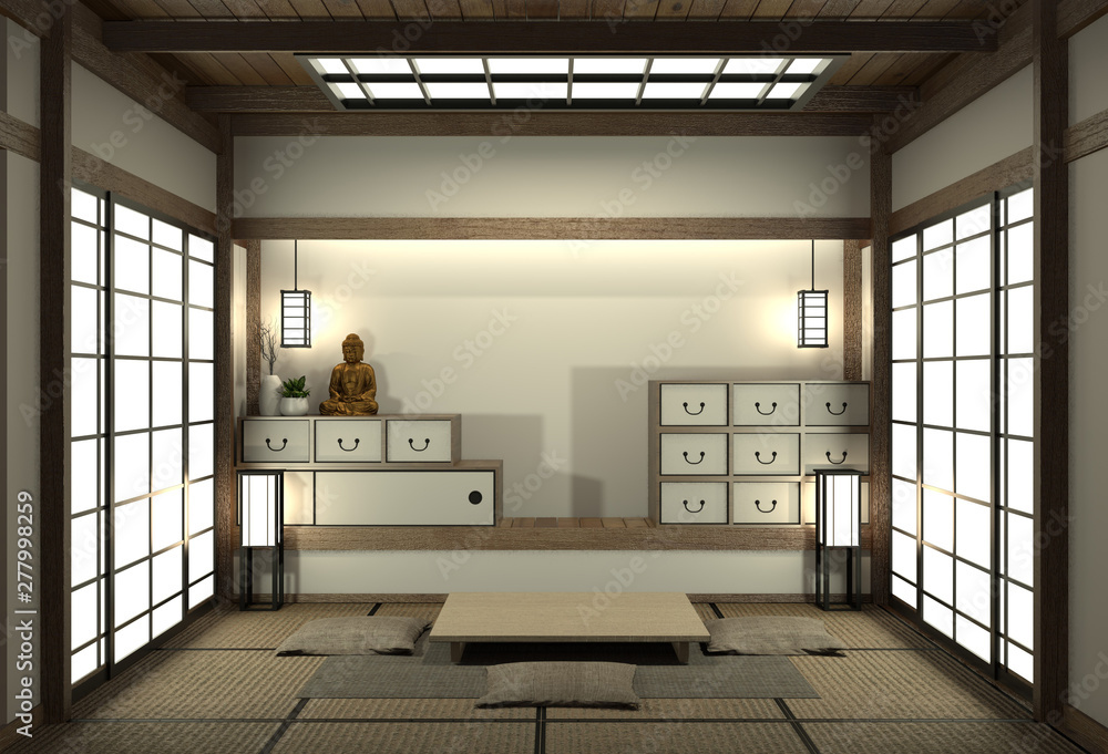 Mock up Japan room with tatami mat floor and decoration japan style was  designed in japanese style.3d rendering Stock Illustration | Adobe Stock