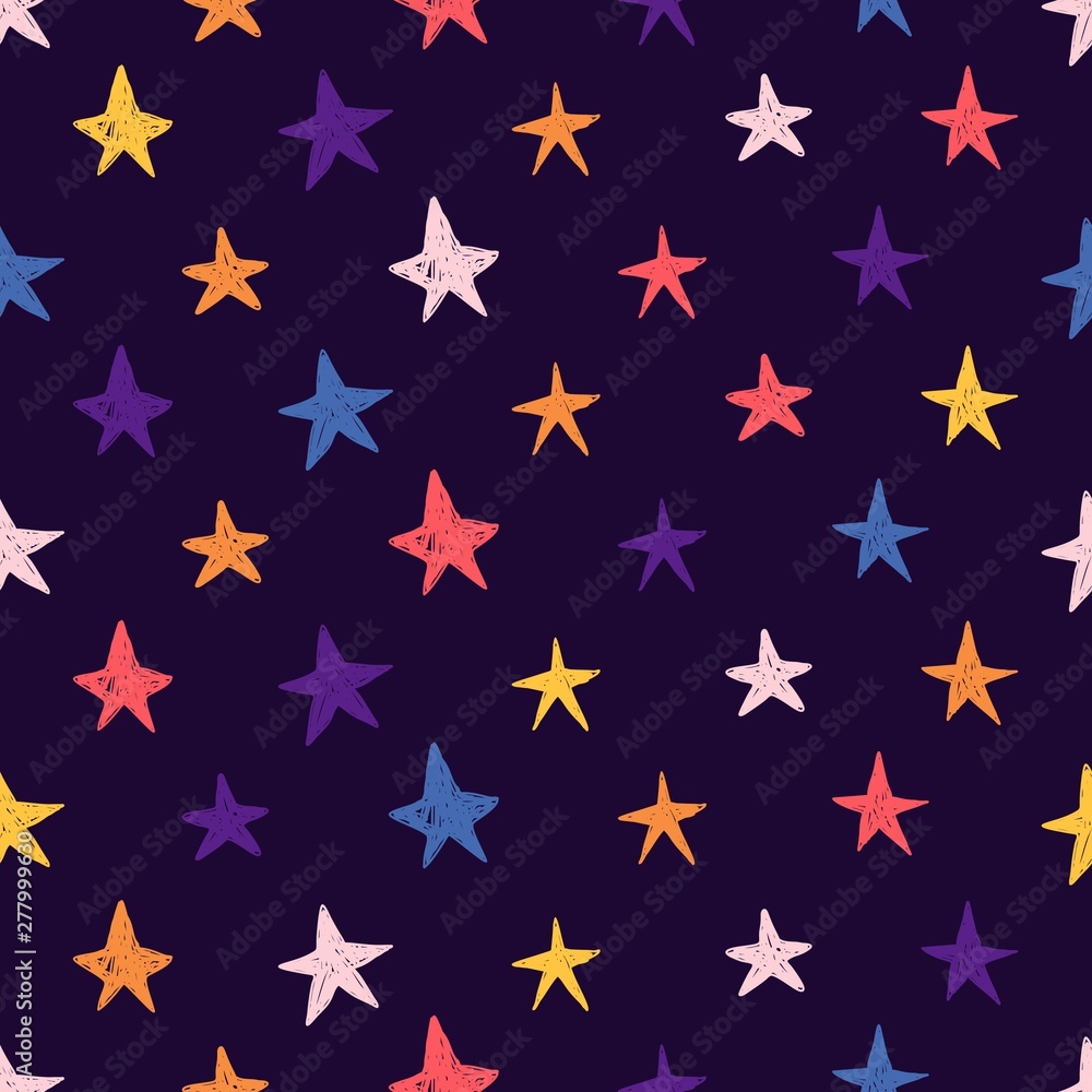 Cute Seamless pattern with space elements. Cartoon style wallpaper with colourful cosmic stars. Children's background with hand-drawn constellation. Vector Cute Seamless pattern with space elements. Cartoon style wallpaper with colourful cosmic stars. Children's background with hand-drawn constellation. Vector