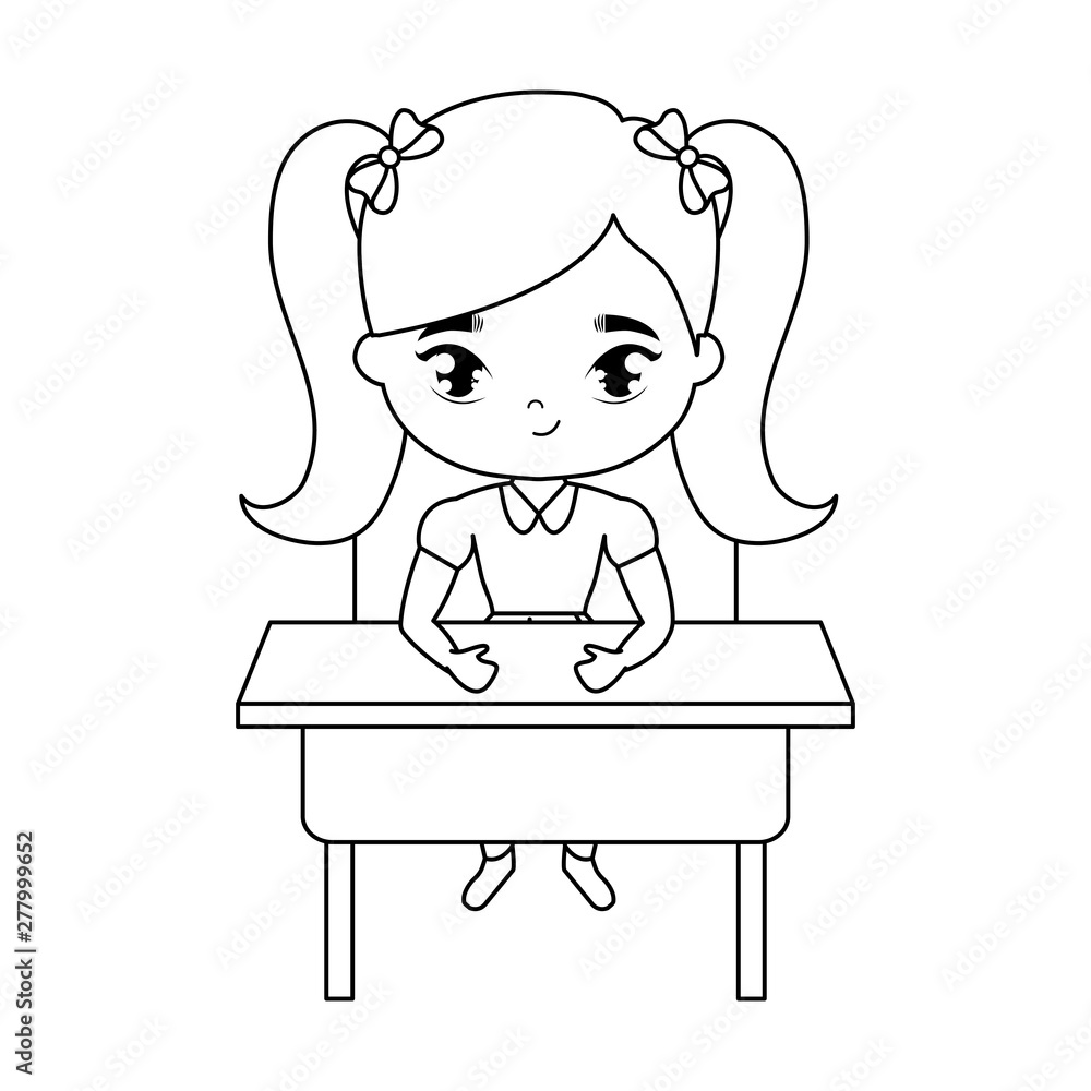 little student girl sitting in school desk