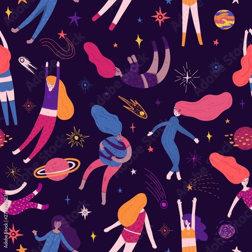 Cute Seamless pattern with space elements and pretty women. Cartoon style wallpaper with sleeping fly girl, comets, planets, and cosmic stars. Children's background with hand-drawn galaxy. Vector