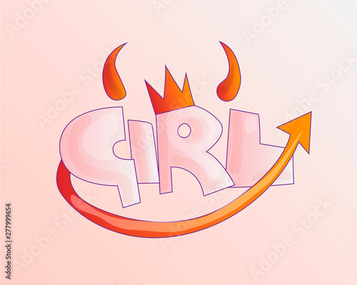 Cartoon word Girl with devil horns and tail in pastel pink color. Hell devil girl concept, cute cartoon style about bad girl, evil girls. Cartoon heck girl word with horn and red tail, isolated on