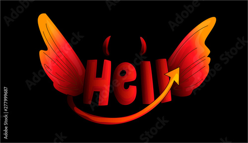 Cute cartoon word Hell with devil horns, tail and evil wings on black background. Vector illustration of hell concept with devil wings horns and tail of evil