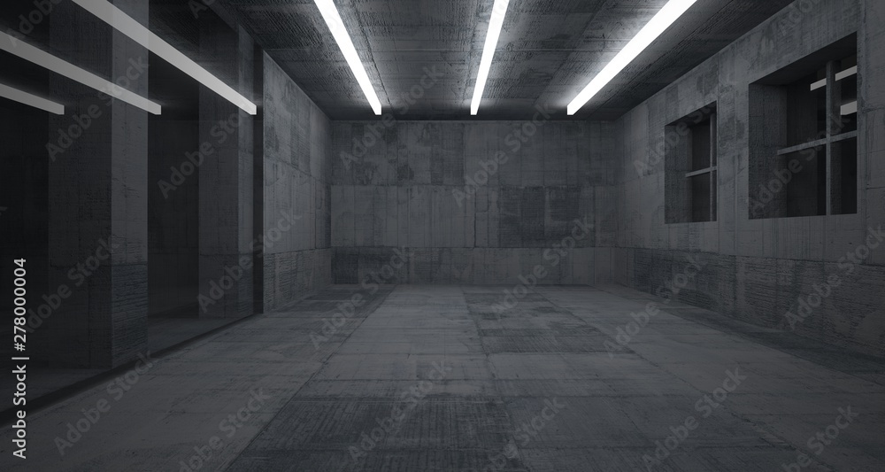 Abstract architectural concrete interior of a minimalist house with neon lighting. 3D illustration and rendering. Abstract architectural concrete interior of a minimalist house with neon lighting. 3D illustration and rendering.