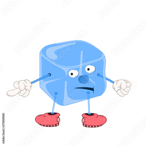 Funny cartoon blue ice cube with eyes, hands and feet in shoes, showing an indecent gesture with a finger.