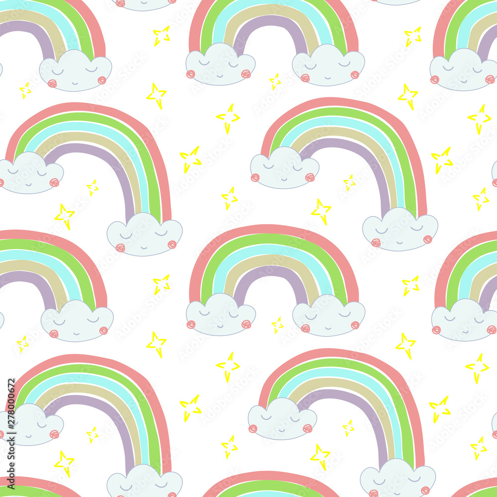 Vector seamless pattern Hand drawn illustration of a rainbow out of the clouds.