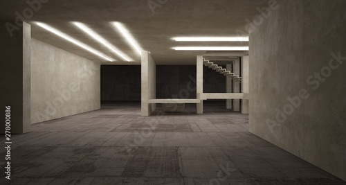 Abstract architectural brown and beige concrete interior of a minimalist house with neon lighting. 3D illustration and rendering.