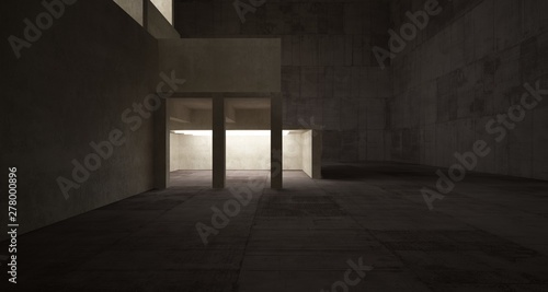 Abstract architectural brown and beige concrete interior of a minimalist house with neon lighting. 3D illustration and rendering.