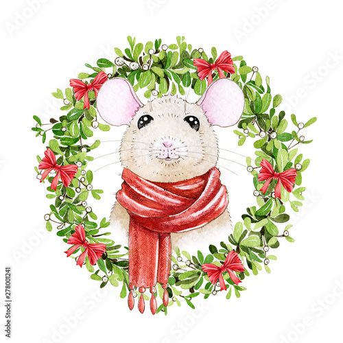 Watercolor mouse illustration in a red scarf with nice winter Christmas mistletoe wreath with red ribbons. Cute little cartoon rat a simbol of chinese zodiac 2020 new year isolated on white background